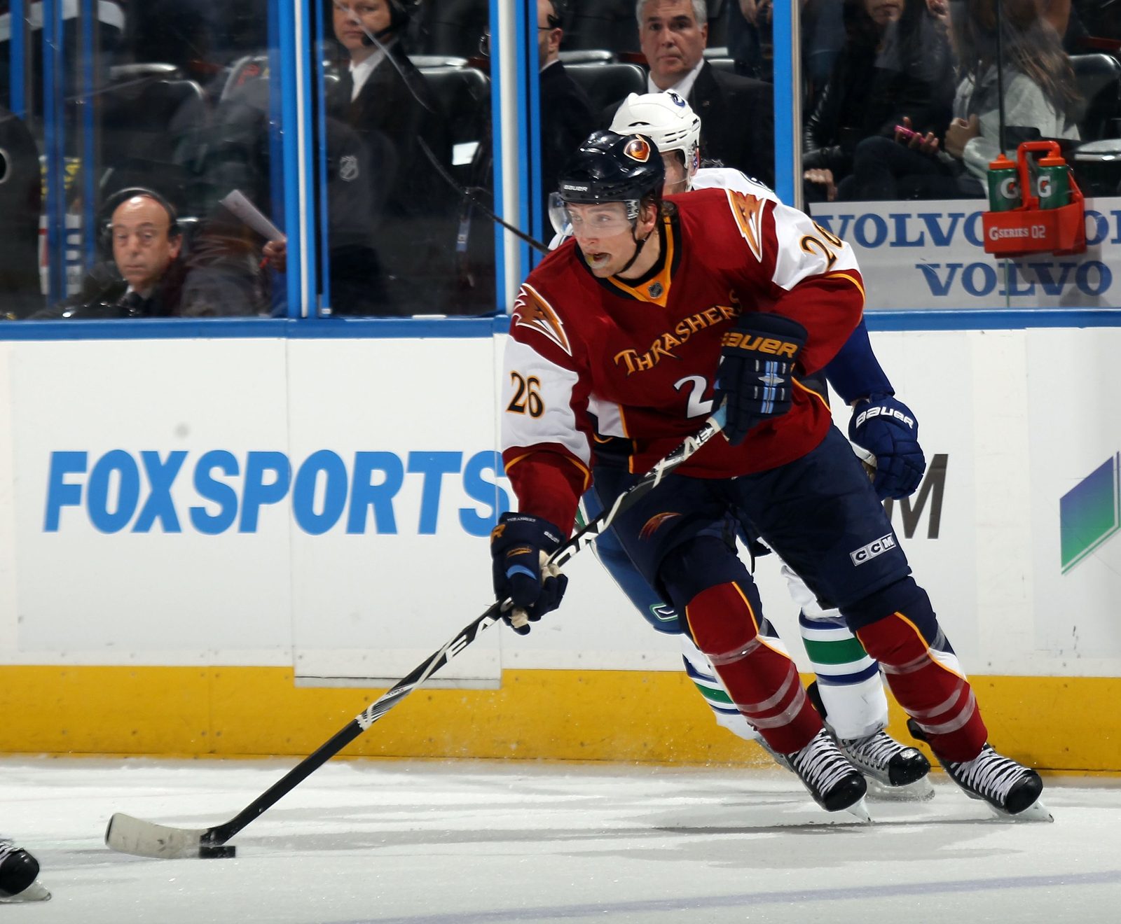  The Atlanta Thrashers in a game vs Vancouver. The Thrashers played in the NHL in Georgia before moving.  