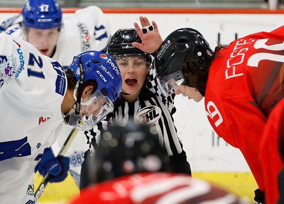 Konet ready to drop the puck for a faceoff in a game between Helena and Gillette in the NA3HL (Photo: Gary Marshall)